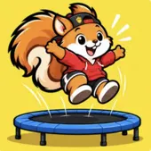 Squirrel mid-jump on a trampoline