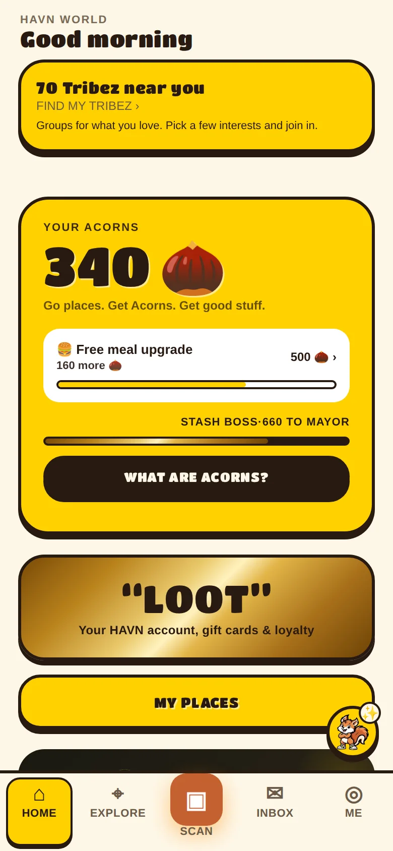 ACORN home screen showing an Acorn balance and progress to the next reward