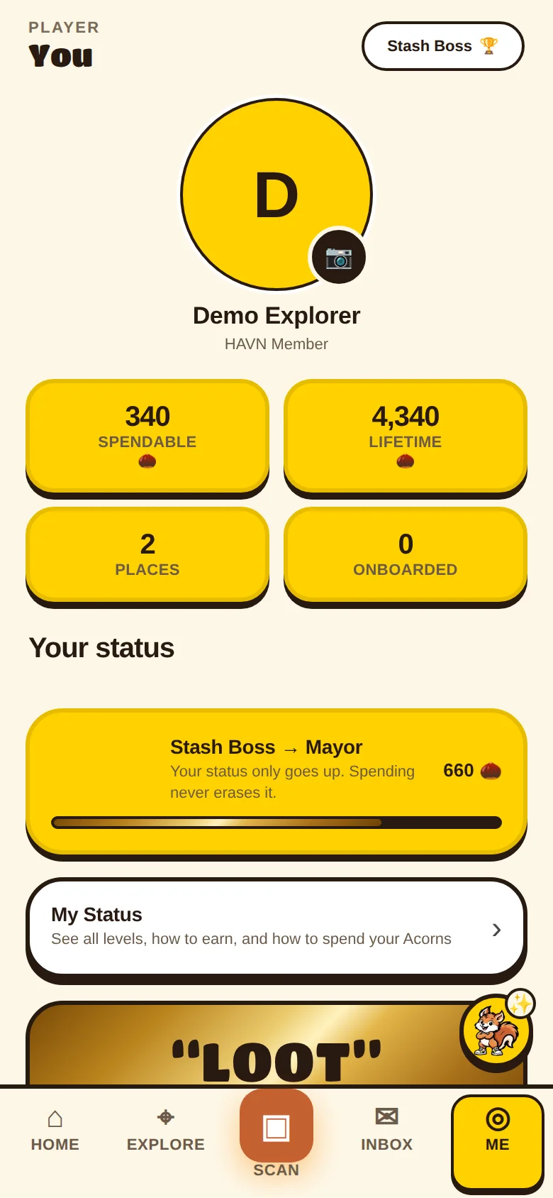 ACORN profile screen showing level and Acorn totals