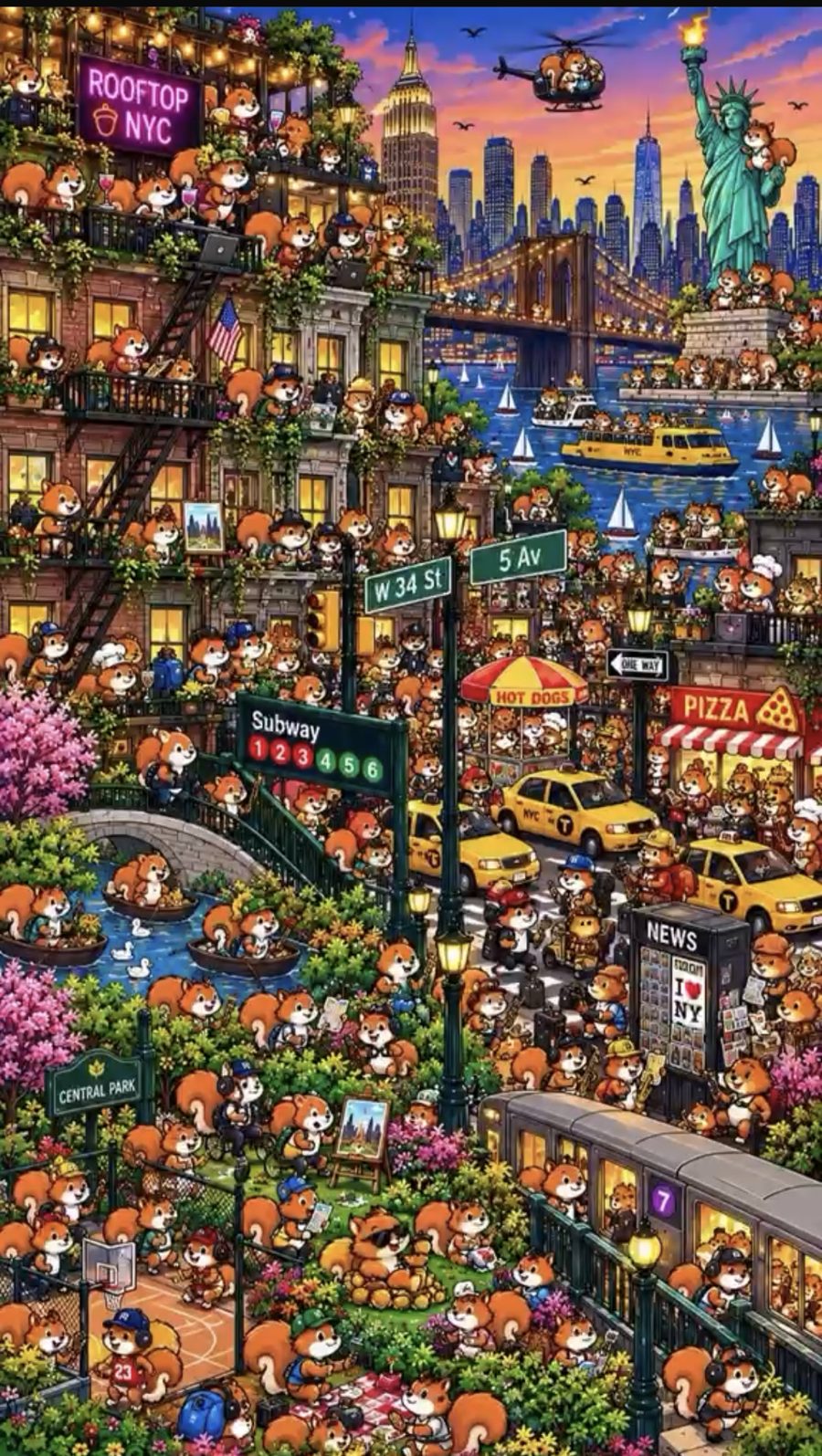 An illustrated New York City street scene packed with squirrels on rooftops, in the park, at a hot dog cart and on the subway